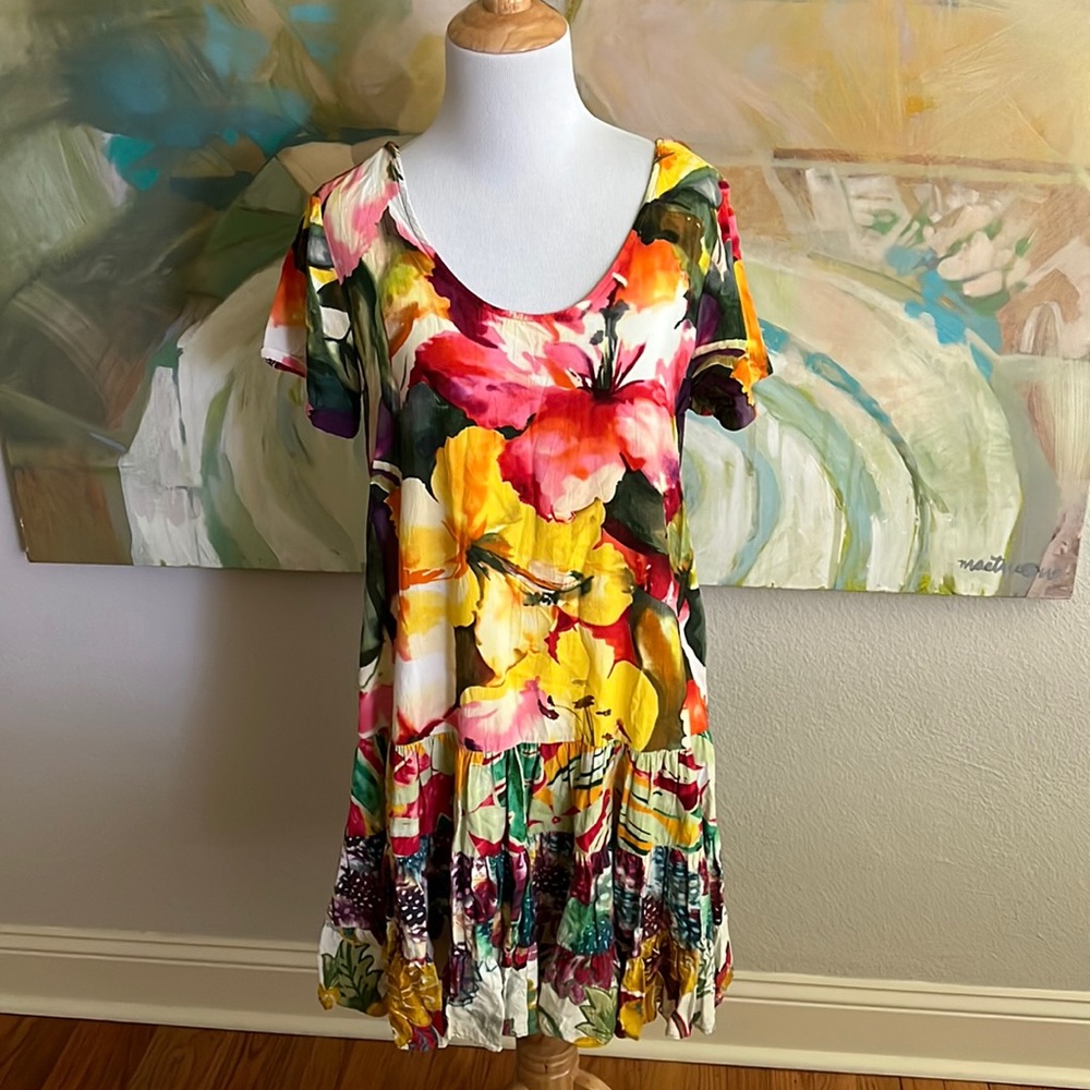 Jams World Womens Hattie Dress Tiered Ruffle Hem Floral Tropical Size small